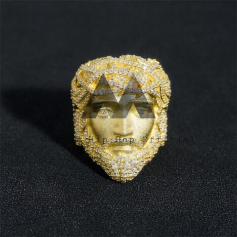 14K Gold Plated Sterling Silver Moissanite Jesus Head Ring - Iced Out Hip Hop Jewelry - Image 3