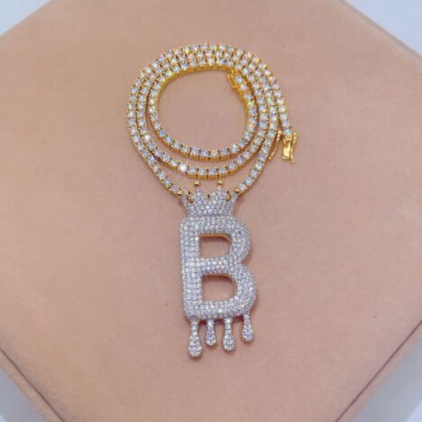 Moissanite Crowned Initial 'B' Pendant - 2 Tone Yellow Gold Plated Silver - Image 2