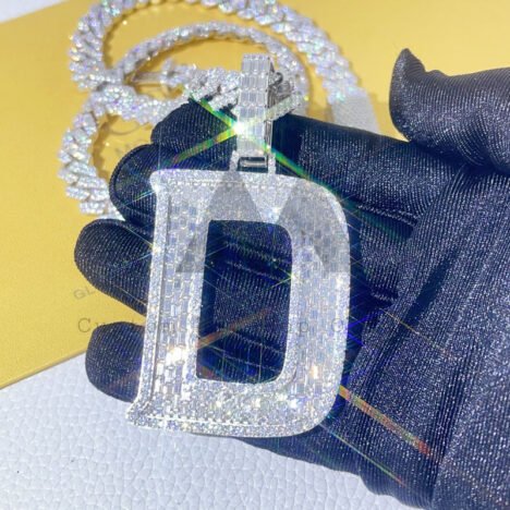 Sterling Silver Iced Out VVS Moissanite Pendant - Hip Hop Jewelry, Baguette Style Letter - Image 2