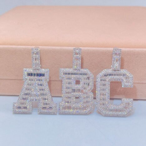 Sterling Silver Baguette Moissanite Initial Pendant - White Gold Plated Hip Hop Jewelry