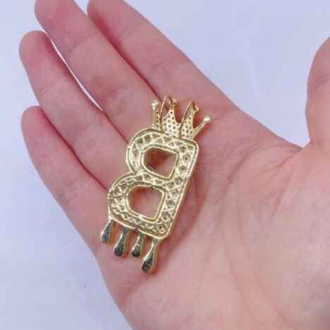 Moissanite Crowned Initial 'B' Pendant - 2 Tone Yellow Gold Plated Silver - Image 3