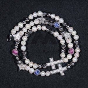 925 Sterling Silver Iced Out 8MM Moissanite Diamond Cross Charm Disc Rosary Ball Chain - Image 3