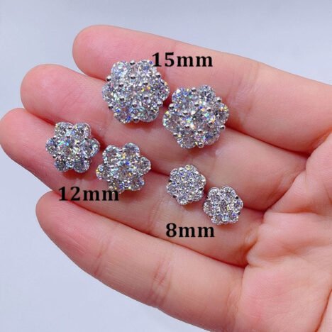 VVS Moissanite Cluster Flower Stud Earrings 8MM-15MM Screw Back Hip Hop