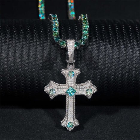 Tiffany Blue Moissanite Tennis Chain With Matching Cross Pendant Sterling Silver 925 Iced Out - Image 2