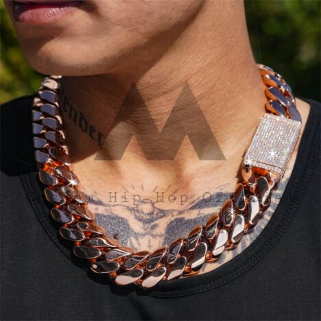 18K Rose Gold Plated 999 Silver Cuban Chain with Moissanite Lock - Hip Hop Jewelry