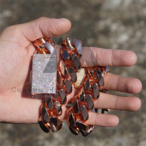18K Rose Gold Plated 999 Silver Cuban Chain with Moissanite Lock - Hip Hop Jewelry - Image 3