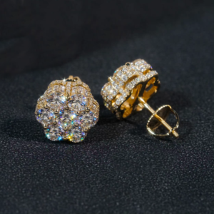 Hip Hop Iced Out 12MM Width 10k Yellow Gold Moissanite Cluster Flower Stud Earrings - Image 2