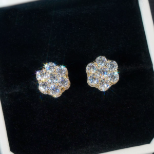 Hip Hop Iced Out 12MM Width 10k Yellow Gold Moissanite Cluster Flower Stud Earrings - Image 3