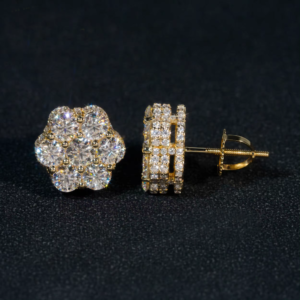 Hip Hop Iced Out 12MM Width 10k Yellow Gold Moissanite Cluster Flower Stud Earrings - Image 4
