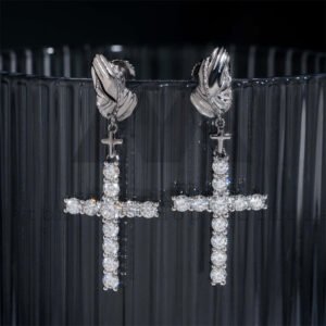Gra Certificated 925 Silver Men Iced Out Moissanite Cross Earrings Praying Hands - Image 4