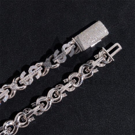 13MM Moissanite Sterling Silver Dollar Sign Chain | Hip Hop Infinity Link Jewelry - Image 2