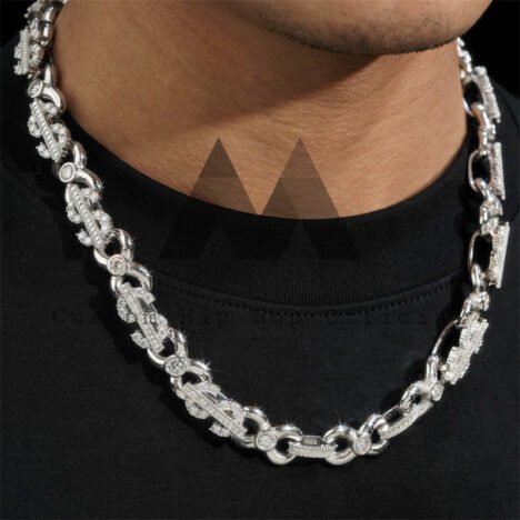 13MM Moissanite Sterling Silver Dollar Sign Chain | Hip Hop Infinity Link Jewelry