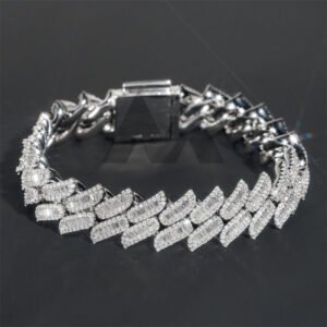 15MM Moissanite Cuban Link Bracelet - Silver Iced Out Baguette Diamond Style, Hip Hop Jewelry