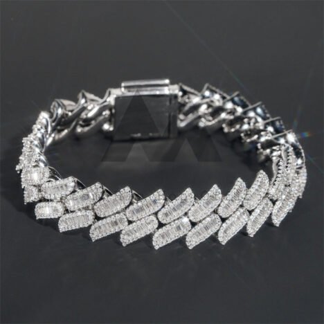15MM Moissanite Cuban Link Bracelet - Silver Iced Out Baguette Diamond Style, Hip Hop Jewelry
