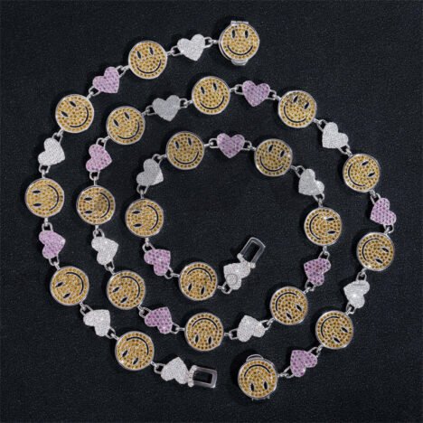 Iced Out Moissanite Tennis Chain with Heart Charm, Smiley Face Design, Hip Hop Jewelry for Men