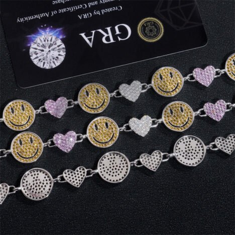 Iced Out Moissanite Tennis Chain with Heart Charm, Smiley Face Design, Hip Hop Jewelry for Men - Image 4
