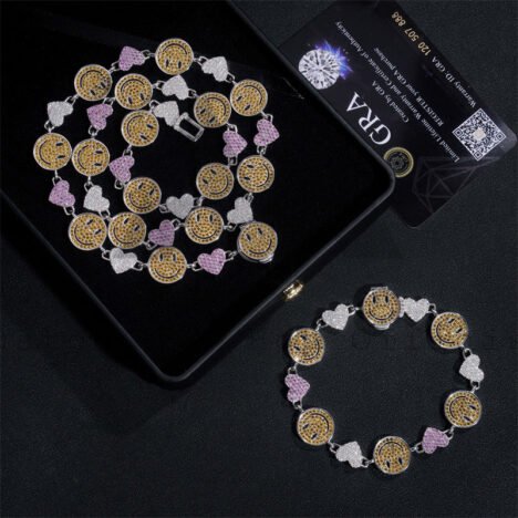 Iced Out Moissanite Tennis Chain with Heart Charm, Smiley Face Design, Hip Hop Jewelry for Men - Image 5