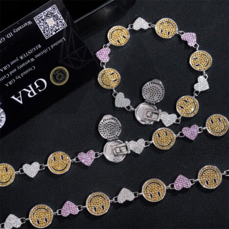 Iced Out Moissanite Tennis Chain with Heart Charm, Smiley Face Design, Hip Hop Jewelry for Men - Image 6