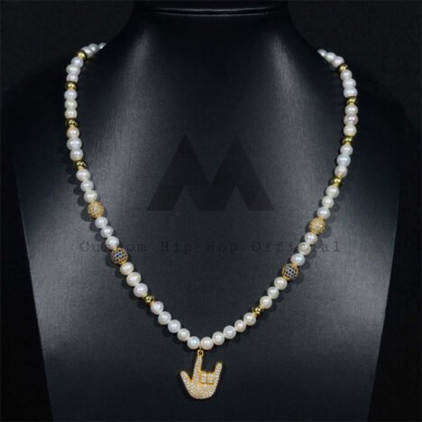 Moissanite Diamond 925 Silver Gold Plated Victory Charm Pearl Iced Out Disc Ball Pearl Chain Necklace - Image 3