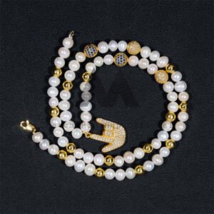 Moissanite Diamond 925 Silver Gold Plated Victory Charm Pearl Iced Out Disc Ball Pearl Chain Necklace - Image 4
