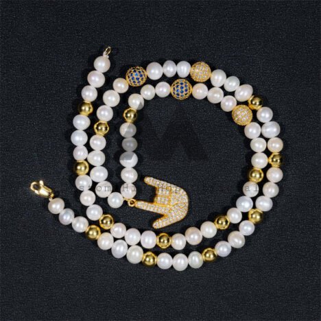 Moissanite Diamond 925 Silver Gold Plated Victory Charm Pearl Iced Out Disc Ball Pearl Chain Necklace - Image 4