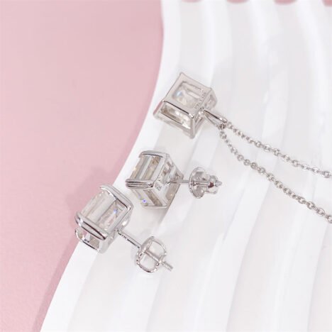 925 Sterling Silver Asscher Cut VVS Moissanite Necklace With Earrings Set For Women - Image 4