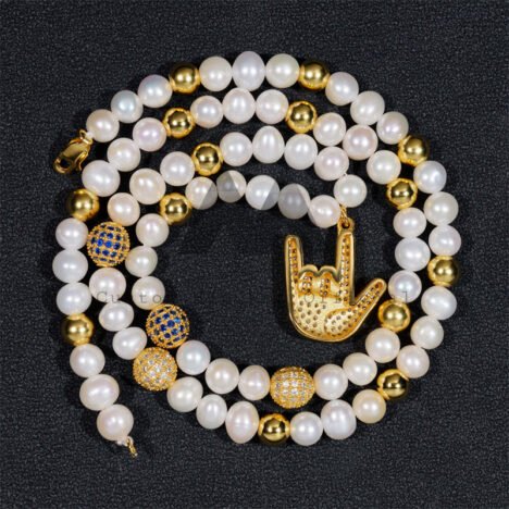 Moissanite Diamond 925 Silver Gold Plated Victory Charm Pearl Iced Out Disc Ball Pearl Chain Necklace - Image 5