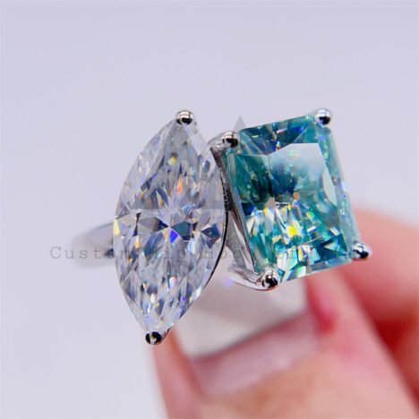 Women's Tiffany Blue & White Moissanite Ring - Dual Stone Hip Hop Jewelry