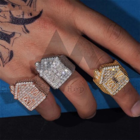 Stylish New Arrival Hip Hop VVS Baguette Cut Design Iced Out Moissanite Diamond House Ring - Image 4