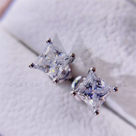 1CT Princess Cut Moissanite Earrings 10K White Gold, Screw Back - Hip Hop Jewelry