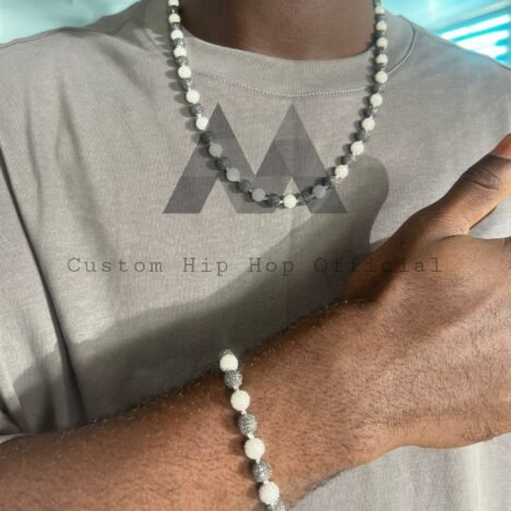 8mm Moissanite Iced Rosary Chain | Black & White Hip Hop Jewelry