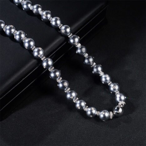 Men's 13MM Moissanite Diamond Hip Hop Necklace with Gray Pearl Link Chain - Image 2