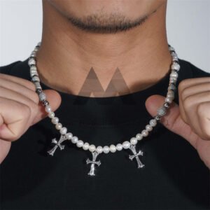 Sterling Silver 8MM Pearl Necklace With Moissaniet Disc Ball Cross Charm - Image 2