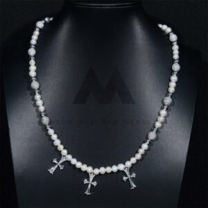 Sterling Silver 8MM Pearl Necklace With Moissaniet Disc Ball Cross Charm - Image 3