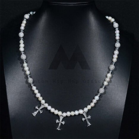 Sterling Silver 8MM Pearl Necklace With Moissaniet Disc Ball Cross Charm - Image 3