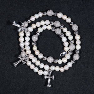 Sterling Silver 8MM Pearl Necklace With Moissaniet Disc Ball Cross Charm - Image 4