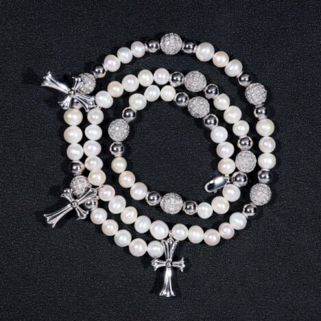 Sterling Silver 8MM Pearl Necklace With Moissaniet Disc Ball Cross Charm - Image 4