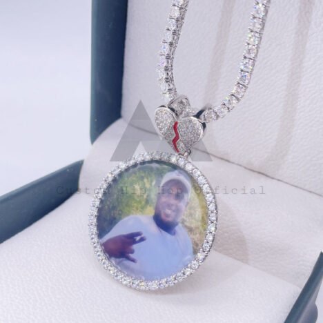 45MM Custom Made Broken Heart Moissanite Diamond Photo Picture Memory Pendant - Image 2