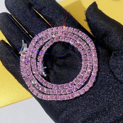 Pink Moissanite Tennis Chain Necklace 3MM-4MM White Gold Plated Silver 925 - Image 2