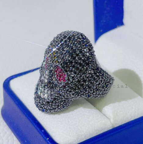 Iced Out Black Moissanite Skull Ring with Ruby Eyes, Hip Hop Jewelry - Image 2