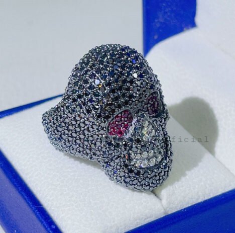 Iced Out Black Moissanite Skull Ring with Ruby Eyes, Hip Hop Jewelry - Image 3