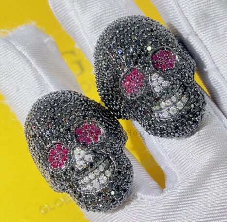 Iced Out Black Moissanite Skull Ring with Ruby Eyes, Hip Hop Jewelry