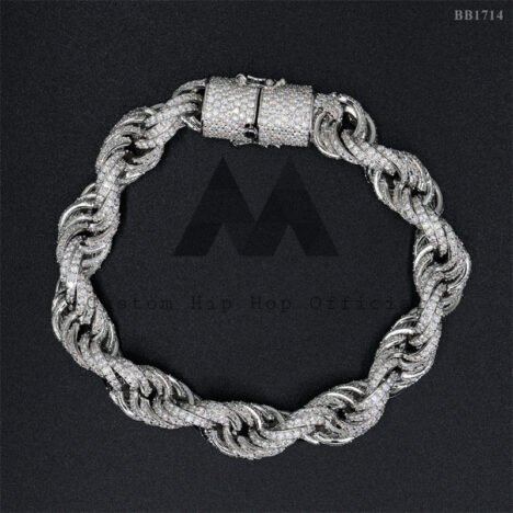10MM Iced Out Moissanite Rope Bracelet, 925 Silver Hip Hop Jewelry
