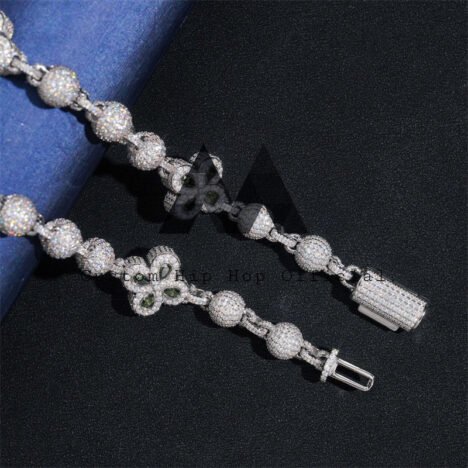 White Gold Sterling Silver Moissanite Iced Out 8MM Rosary Ball Chain With Clover Flower - Image 2