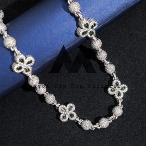 White Gold Sterling Silver Moissanite Iced Out 8MM Rosary Ball Chain With Clover Flower - Image 3