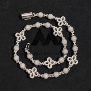 White Gold Sterling Silver Moissanite Iced Out 8MM Rosary Ball Chain With Clover Flower - Image 4