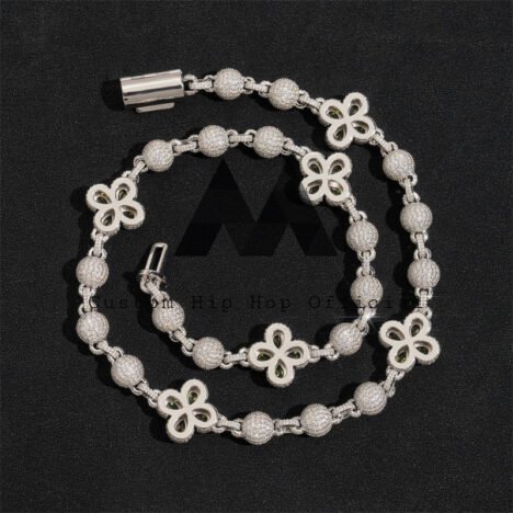 White Gold Sterling Silver Moissanite Iced Out 8MM Rosary Ball Chain With Clover Flower - Image 4