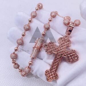 Sterling Silver Iced Out 8MM Iced Out Moissanite Ball Chain With Rose Gold Color Cross Charm Set - Image 4