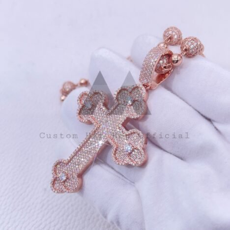 Sterling Silver Iced Out 8MM Iced Out Moissanite Ball Chain With Rose Gold Color Cross Charm Set - Image 5