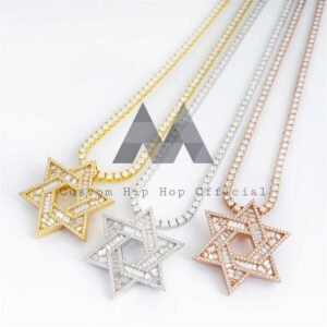 Hip Hop Iced Out Moissanite David Star Pendant - Baguette Diamond Style - Image 3
